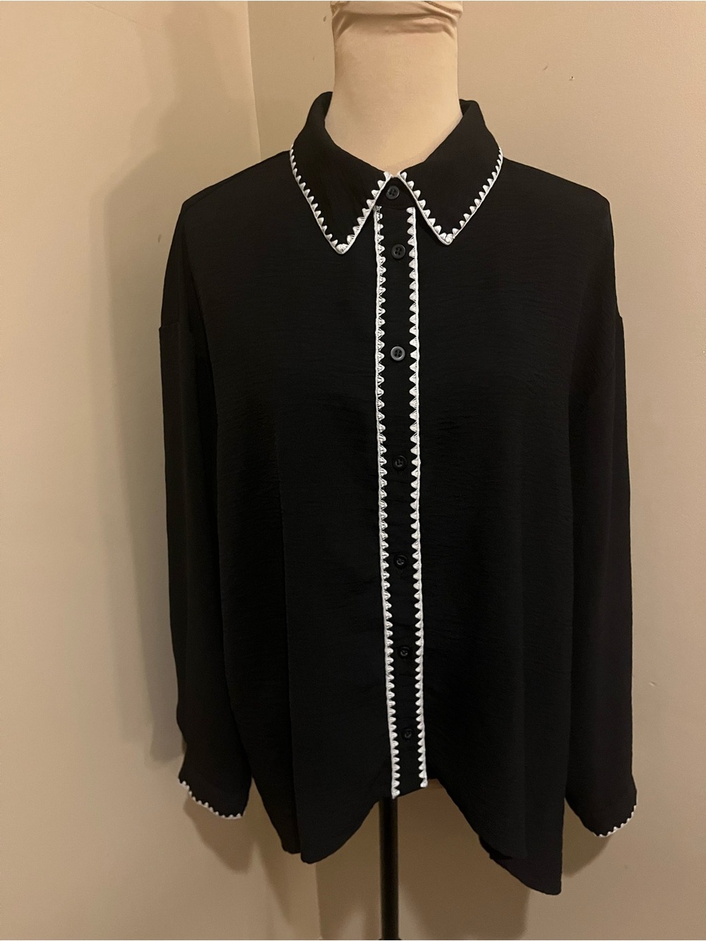 Adrianna Papell Black Button-Down Top with White Trim